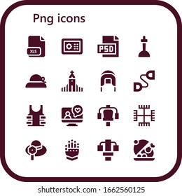 png icon set. 16 filled png icons. Included Xls, Safebox, Psd, Excalibur, Pamela, Hallgrimskirkja, Coif, Chest expander, Bulletproof, Videocall, Gym station, Gnosticism icons