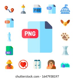 png icon set. 17 flat png icons. Included track, svg, venus de milo, xls, fennec, jigger, archeologist, excalibur, lovemaking, psd, shin guards, troglodyte, madame tussauds icons