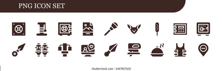 png icon set. 18 filled png icons.  Simple modern icons about  - Safebox, Scratcher, Jpg, Awl, Fennec, Corndog, Kunai, Shin guards, Gym station, Videocall, Fretsaw, Salver, Bulletproof