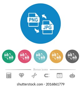 PNG JPG file conversion flat white icons on round color backgrounds. 6 bonus icons included.