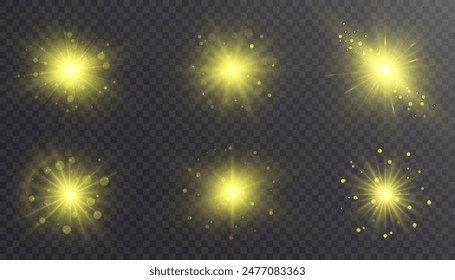 The PNG light effect is a bright yellow light with many specular reflections, a translucent reflection of a light lens. Light effect for art design. Vector 10 EPS