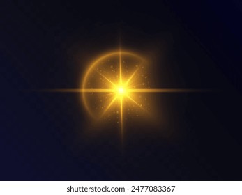 The PNG light effect is a bright yellow light with many specular reflections, a translucent reflection of a light lens. Light effect for art design. Vector 10 EPS