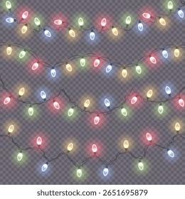 Png light garland glowing decor for party. Xmas ribbon vector background. Bright fairy string element. Christmas star bulb for holiday banner. Led illustration with yellow glowing light.