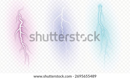 PNG lightning bolts collection. Electrical thunder storm light isolated on transparent background.