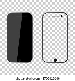 PNG mockup. Phone mock up. Black smartphone. Mobile cellphone with blank screen isolated on transparent background. Template and frame of smart. Realistic 3d 6,7 ui for app, background. Vector.