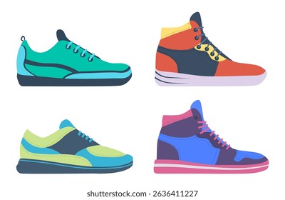 PNG modern sports shoes with colorful drawing in isolated vector style for jogging or fitness exercise with comfortable footwear and stylish apparel for youth training
