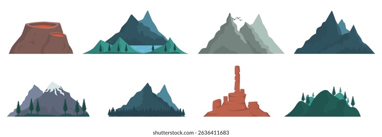 PNG mountain vector with snowy peak and wild landscape in flat cartoon style for outdoor adventure or hiking expedition including colorful cliff and high hill illustration