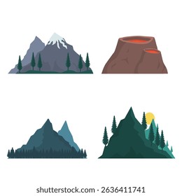 PNG mountain vector with snowy peak and wild landscape in flat cartoon style for outdoor adventure or hiking expedition including colorful cliff and high hill illustration
