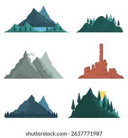 PNG mountain vector with snowy peak and wild landscape in flat cartoon style for outdoor adventure or hiking expedition including colorful cliff and high hill illustration