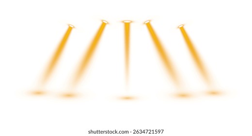 Efeito de feixe de vários holofotes PNG com luz laranja brilhante no plano de fundo transparente para o palco ou mostrar o projeto