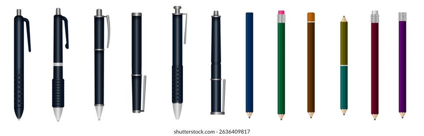 PNG notebook object with vector sharpener and 3d accessory from colored supplies assortment and plastic stapler creativity symbol with measure instrument and graphic concept