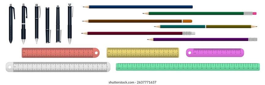 PNG notebook object with vector sharpener and 3d accessory from colored supplies assortment and plastic stapler creativity symbol with measure instrument and graphic concept