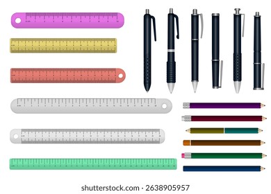 PNG notebook object with vector sharpener and 3d accessory from colored supplies assortment and plastic stapler creativity symbol with measure instrument and graphic concept