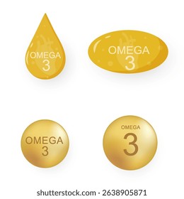PNG omega3 capsule with golden drop and fish oil symbol in healthy supplement design for energy or vitamin pack including fatty acids, DHA, and bio nutrition icon