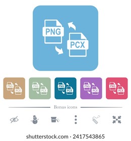 PNG PCX file conversion white flat icons on color rounded square backgrounds. 6 bonus icons included