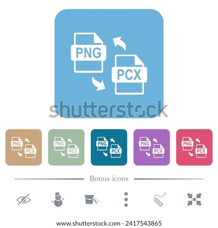 PNG PCX file conversion white flat icons on color rounded square backgrounds. 6 bonus icons included