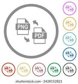 PNG PDF file conversion flat color icons in round outlines on white background