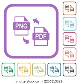 Conversión de archivos PNG PDF iconos simples en marcos cuadrados redondeados de color en fondo blanco