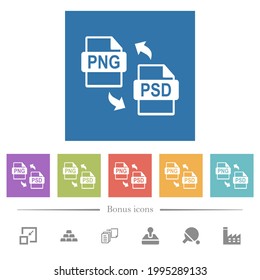 PNG PSD file conversion flat white icons in square backgrounds. 6 bonus icons included.