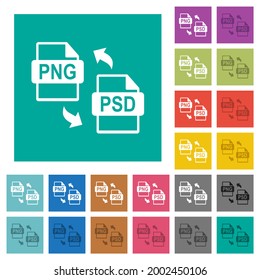 PNG PSD file conversion multi colored flat icons on plain square backgrounds. Included white and darker icon variations for hover or active effects.