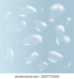 PNG raindrop drip with sprinkle and spot on window surface in pure water texture with realistic tear globule and shiny transparent freshness on wet glass
