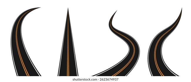 Coleção PNG Road. Um Conjunto de Rodovias Asfalto Preto com Linhas Amarelas Curvando e Endireitando sobre um Fundo Transparente para Projetos de Transporte e Viagem