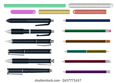 PNG ruler icon with colorful stationery element and creative pencil tool for office or school supply set in flat style design with marker rubber compass and white background illustration