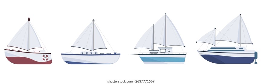 PNG sailboat and fishery trawler in vintage set of nautical transport with side view ship and fishing net for commercial food or cargo from sea or river with isolated flat design