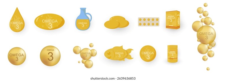 PNG salmon pictogram with heart logo and omega oil capsule in polyunsaturated acid concept for food health marketing featuring essential fat and 3d vector label