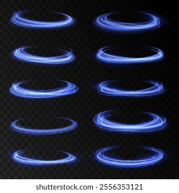 Png shine round frame with light circles light effect. Semicircular wave, light trail curve swirl, incandescent optical fiber vector, png, effect, wave,neon,line. Neon shiny sparks of spiral wave. 
