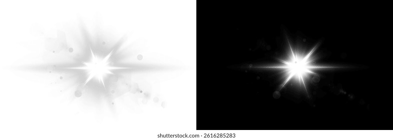 PNG sparkles and glowing stars. Bright white burst with magical lens flare and glitter overlay. Festive abstract background for celebration or holiday vector design.