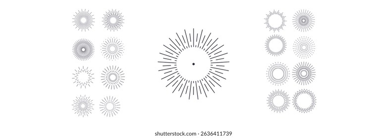 PNG sunburst badge with glowing starburst effect and radiant stripes in hand-drawn artwork style for creative fireworks or party poster including solar flash and ornate label design