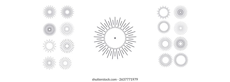 PNG sunburst badge with glowing starburst effect and radiant stripes in hand-drawn artwork style for creative fireworks or party poster including solar flash and ornate label design