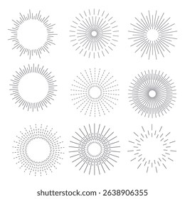 PNG sunburst badge with glowing starburst effect and radiant stripes in hand-drawn artwork style for creative fireworks or party poster including solar flash and ornate label design