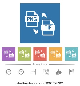 PNG TIF file conversion flat white icons in square backgrounds. 6 bonus icons included.