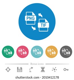 PNG TIF file conversion flat white icons on round color backgrounds. 6 bonus icons included.