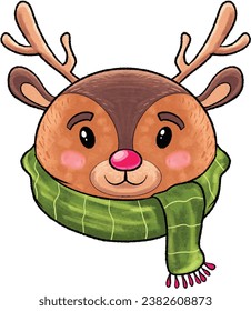 png transparent background Deer head wearing a scarf during winter and snow. cute Deer cartoon style water color. Deert-shirt design