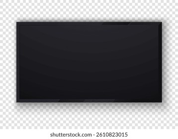 PNG of tv screen on computer or pc with wall-mounted led display. Mockup in vector design for technology use. Isolated frame drawn in illustration of laptop at home. White digital sign shows flat mode