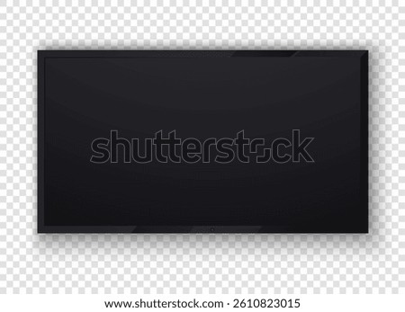 PNG of tv screen on computer or pc with wall-mounted led display. Mockup in vector design for technology use. Isolated frame drawn in illustration of laptop at home. White digital sign shows flat mode