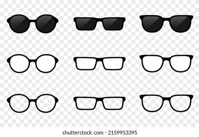 PNG vector glasses set. Sunglasses on an isolated transparent background. Glasses frame, glasses silhouette PNG.