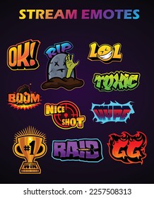 PNG Vector stickers or emotes for streamers of live games. Perfect for printing or used as a badge. emoji such as raid, rip, lol, gg, toxic,hype etc are most popular and used worldwide in gaming.