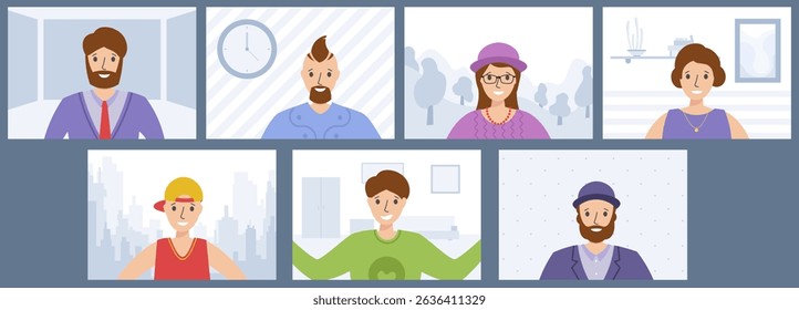 PNG video conference screen with face icons and group of people in online call illustration for digital teamwork or freelance discussion in remote work and communication concept