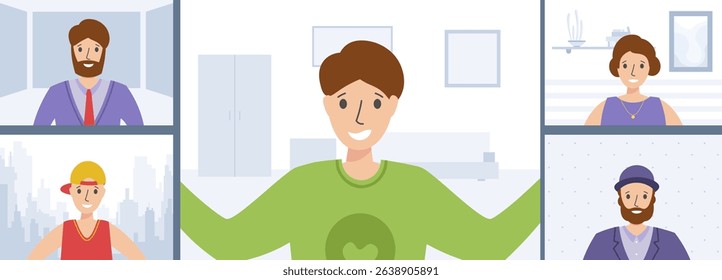 PNG virtual webinar with man and woman talking in internet meeting for covid-19 quarantine or telecommuting learning featuring media connection and business avatar design