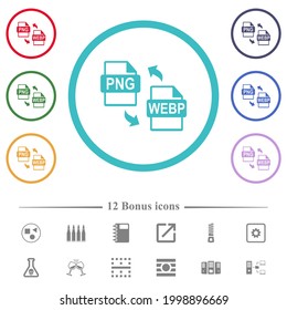 PNG WEBP file conversion flat color icons in circle shape outlines. 12 bonus icons included.