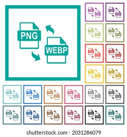 PNG WEBP file conversion flat color icons with quadrant frames on white background