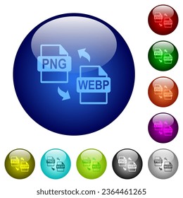 PNG WEBP file conversion icons on round glass buttons in multiple colors. Arranged layer structure