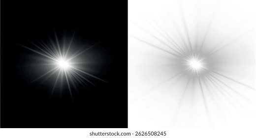 Png white star light, sparkle. Yellow light effect. Shining light with yellow gold color. Png spotlight spark.Vector transparent sunlight special lens flare light effect.
