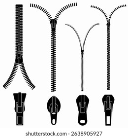 PNG zipper icon with unzipped fabric and metal teeth in fashion design for clothes or bag accessory including puller detail and silver fastener on white background vector template