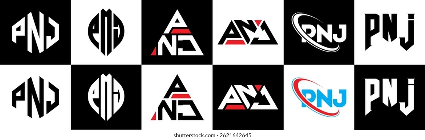 PNJ letter logo design in six style. PNJ polygon, circle, triangle, hexagon, flat and simple style with black and white color variation letter logo set in one artboard. PNJ minimalist and classic logo