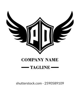 PO bold shield logo with wings, customizable with letters A to Z. Perfect for brands seeking a powerful symbol of strength, freedom, and ambition